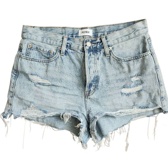 Anthropologie PISTOLA Shorts 29 (US 8) Denim High Waisted Button Fly Distressed - Picture 1 of 6